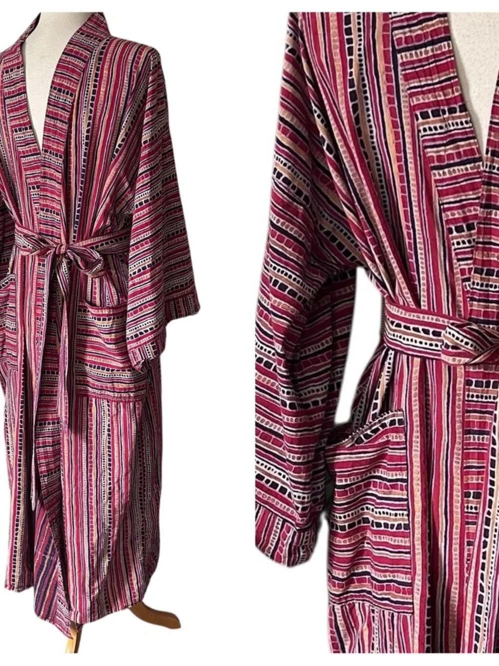 Vintage Batik Tribal Print Cotton Light weight Bath Robe with Belt - One Size - Picture 3 of 9